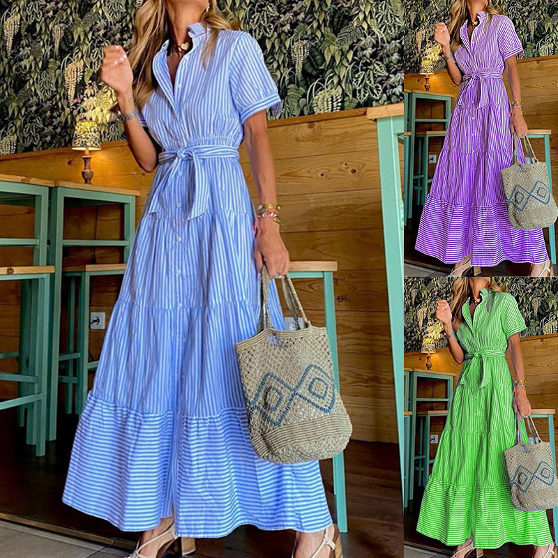Santorini Breeze-Striped  Maxi Shirt Dress-CALLISTARI