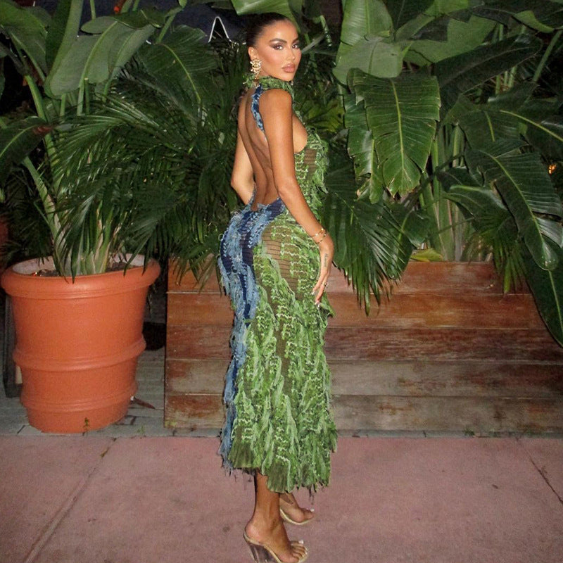 SORA Shaggy Green Halter Midi Dress-CALLISTARI