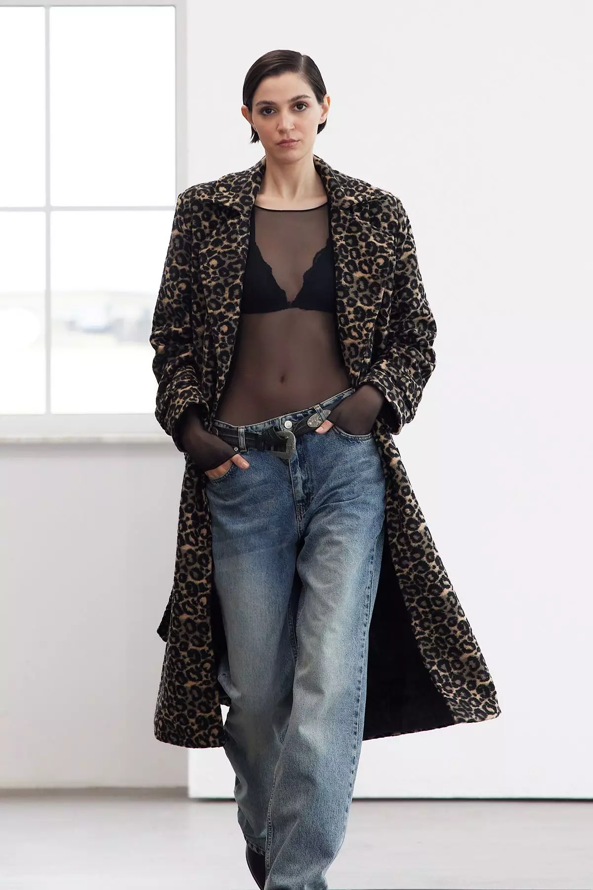Leopard print long wool coat
