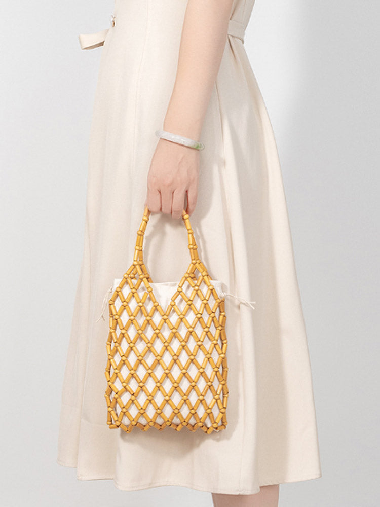 Hollow-Out Wooden Bead Woven Tote Bag-CALLISTARI