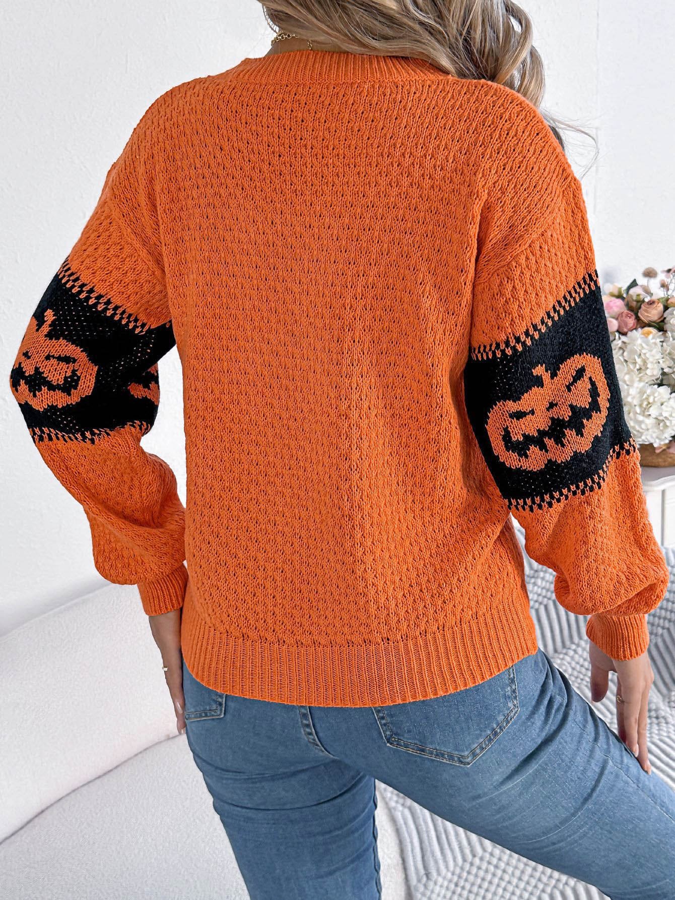 Halloween Pumpkin Head Color-Block Crew Neck Knit Sweater-CALLISTARI