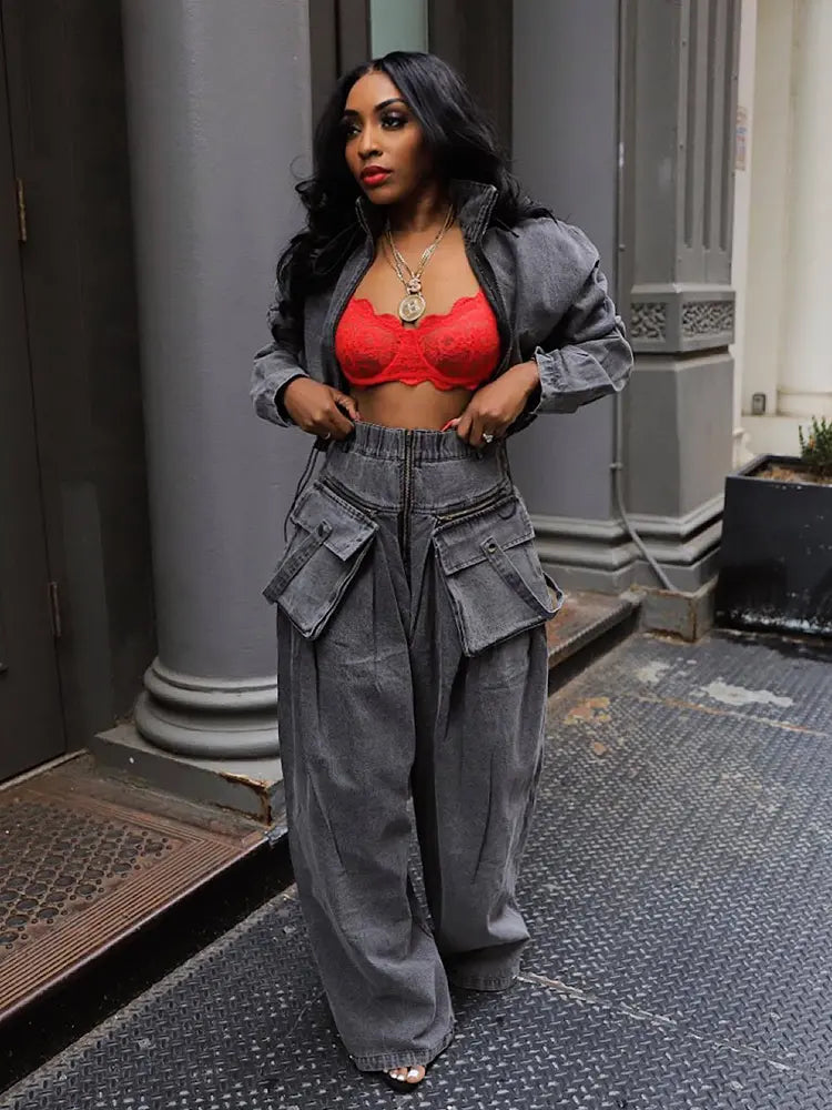 Vintage Wide-Leg Denim Two-Piece-Mesadic