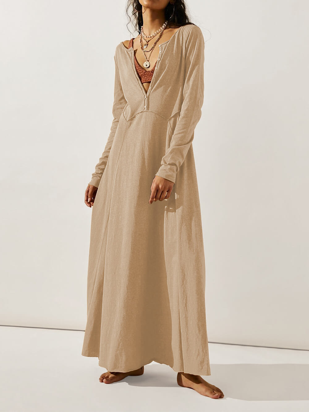 Solid Color Button Maxi Dress-CALLISTARI