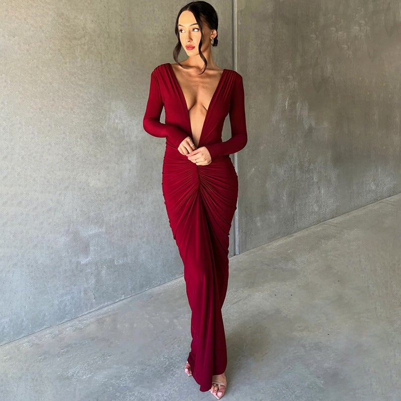 Midnight- Pleated Long Sleeve Backless Bodycon Maxi Dress-CALLISTARI