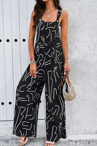 Printed Wide Strap Jumpsuit with Pockets-CALLISTARI
