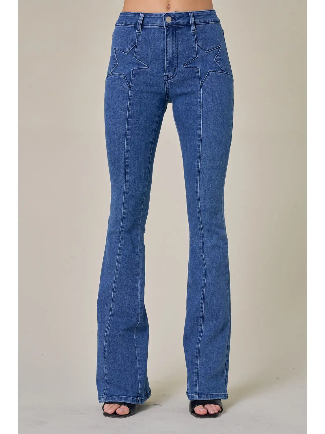 Midtone Star Detail Bell Bottom Jeans-Mesadic