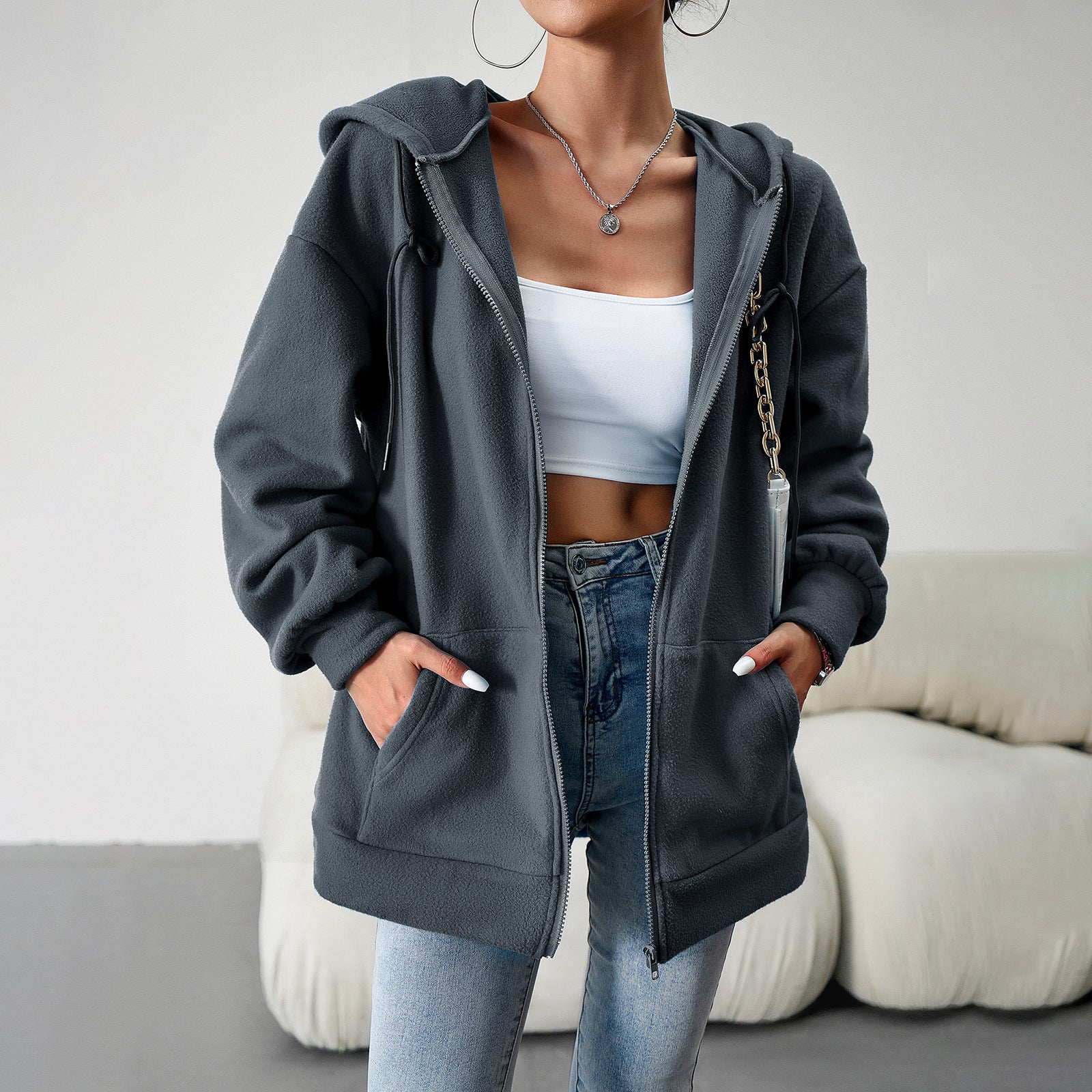 Casual Zipper Hooded Loose Cardigan Jacket-CALLISTARI