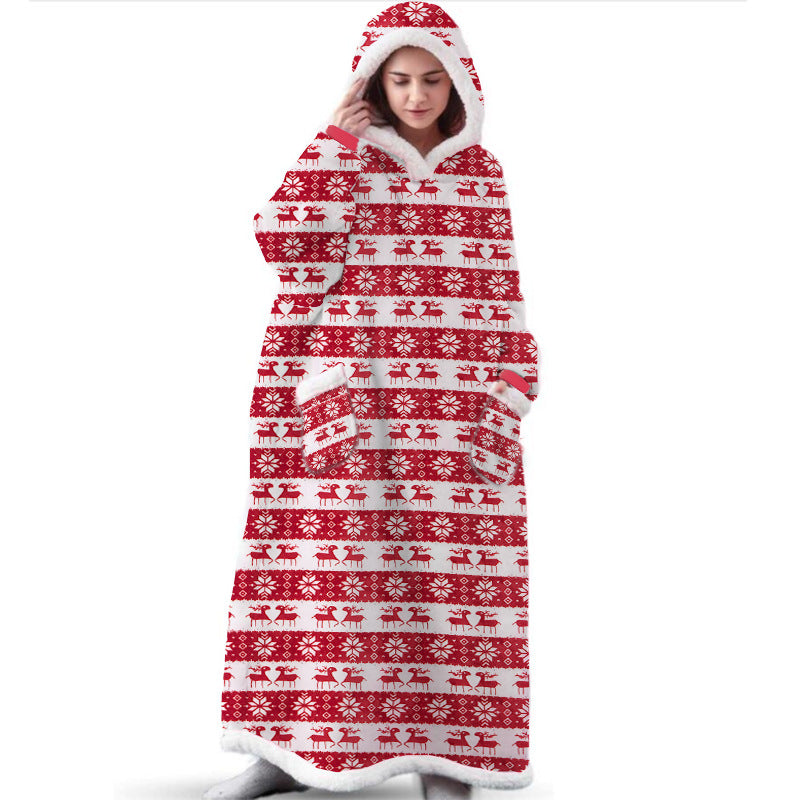 Festive Long Christmas Elk Printed Hooded Blanket-CALLISTARI