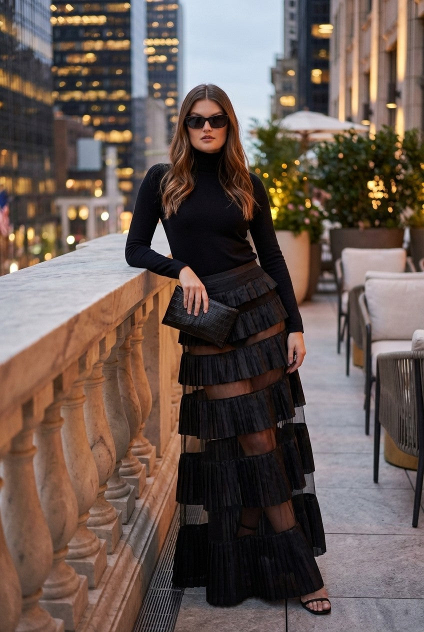 Pleated Sheer Mesh Maxi Skirt 