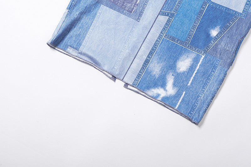 Distressed Denim Print Maxi Dress-CALLISTARI