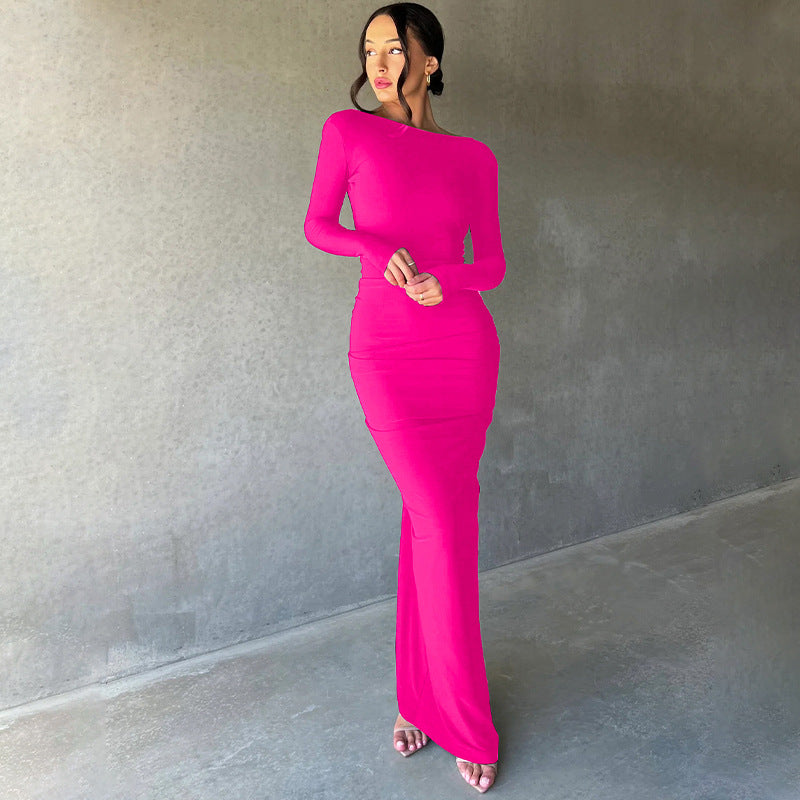 Midnight- Pleated Long Sleeve Backless Bodycon Maxi Dress-CALLISTARI