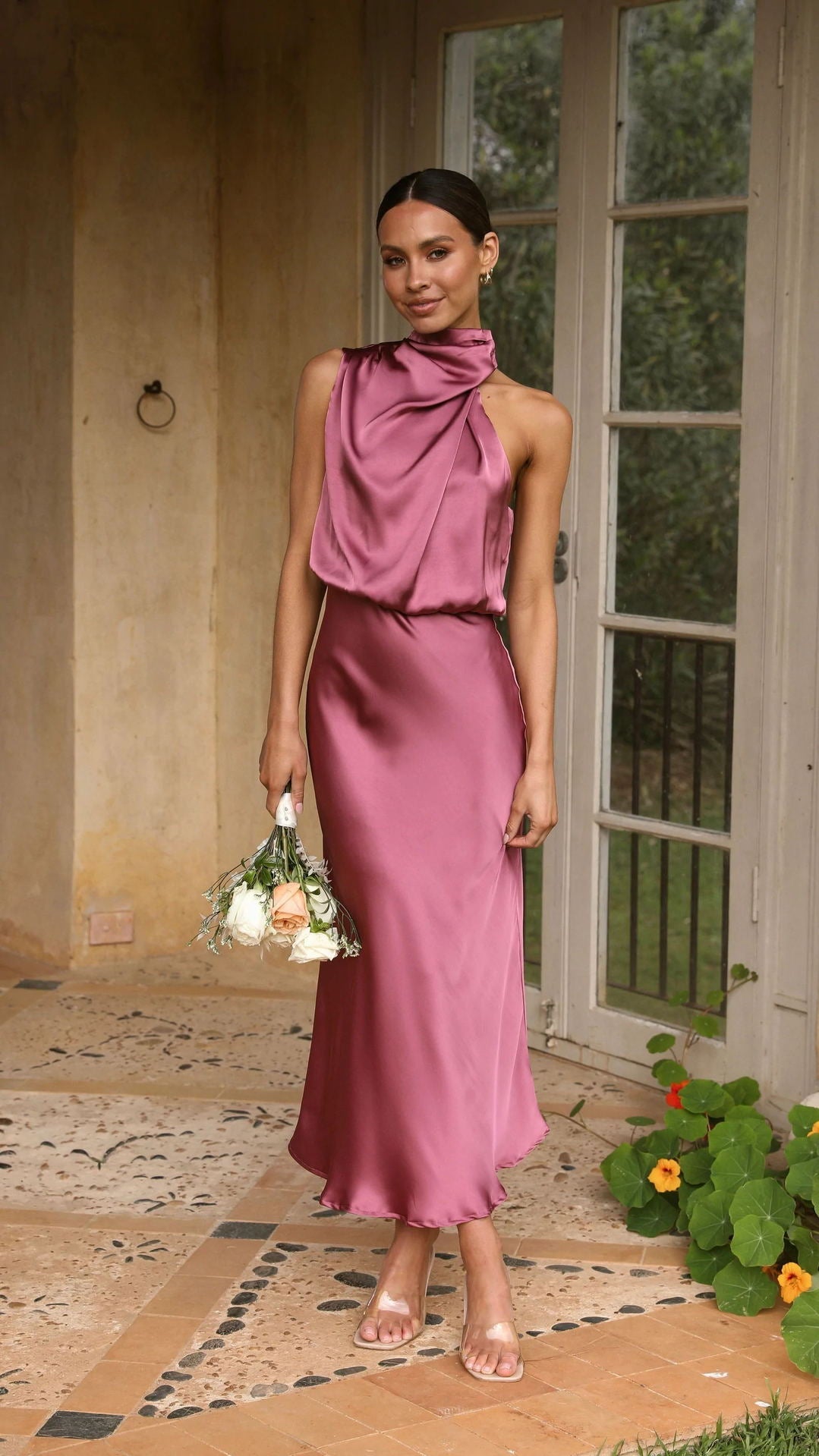Curve Satin Ruched Halter Neck Maxi Dress In Orchid-CALLISTARI