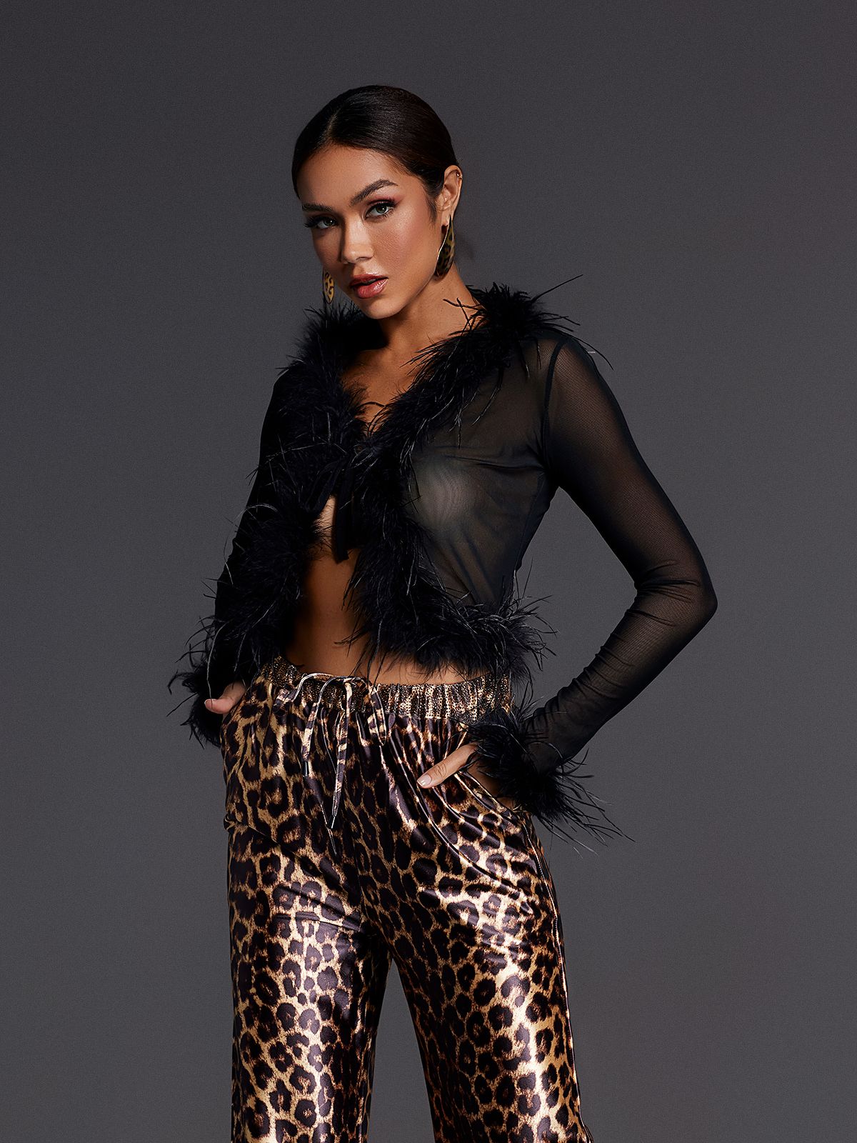 Adjoa Long Sleeve Feather Mesh Top-Mesadic
