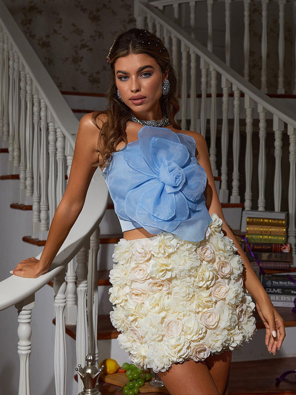 Alistair Strapless Flower Mesh Top In Blue - Mew Mews