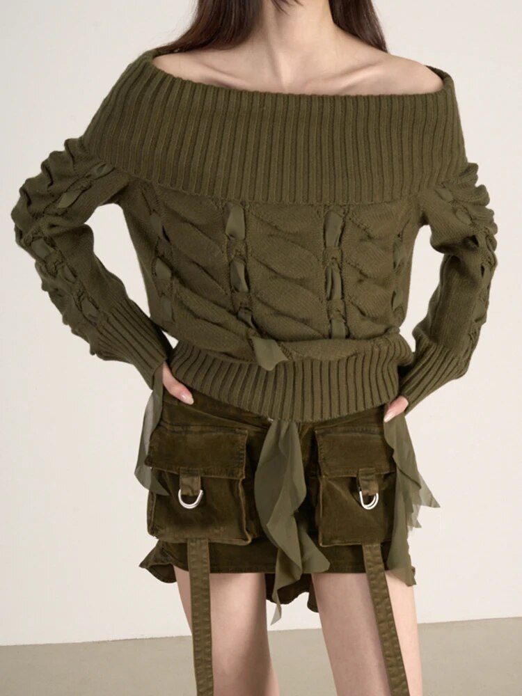 Ashore Boutique Solid Patchwork Lace Up Knitting Pullover Sweaters For Women-Mesadic