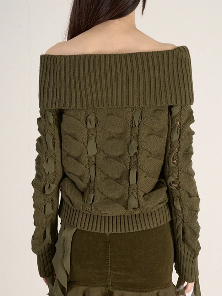 Ashore Boutique Solid Patchwork Lace Up Knitting Pullover Sweaters For Women-Mesadic