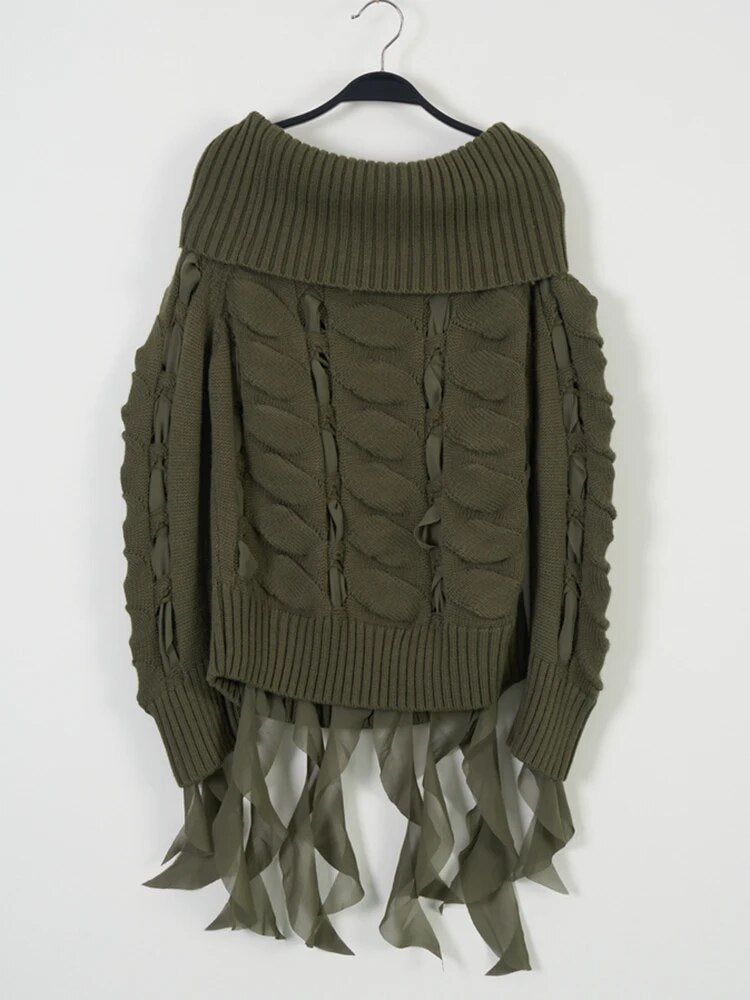 Ashore Boutique Solid Patchwork Lace Up Knitting Pullover Sweaters For Women-Mesadic