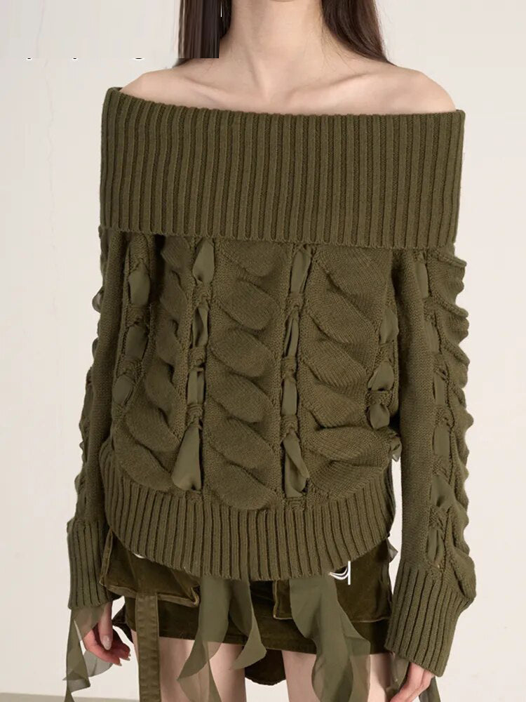 Ashore Boutique Solid Patchwork Lace Up Knitting Pullover Sweaters For Women-Mesadic