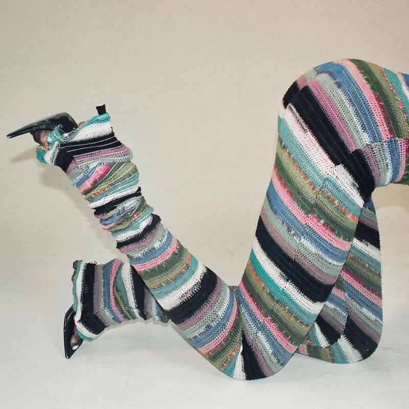 Colorful Striped Knitted Trousers Random Printed High Waist Slim Fit Daily Pants-Mesadic