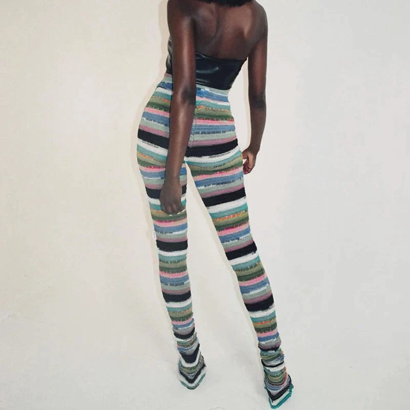 Colorful Striped Knitted Trousers Random Printed High Waist Slim Fit Daily Pants-Mesadic