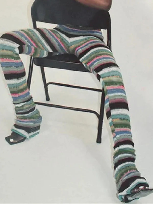 Colorful Striped Knitted Trousers Random Printed High Waist Slim Fit Daily Pants-Mesadic
