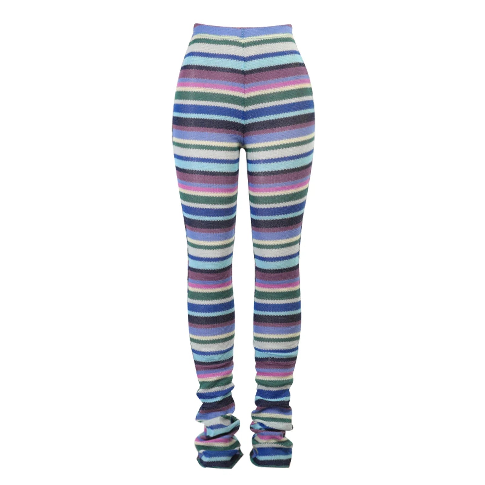 Colorful Striped Knitted Trousers Random Printed High Waist Slim Fit Daily Pants-Mesadic