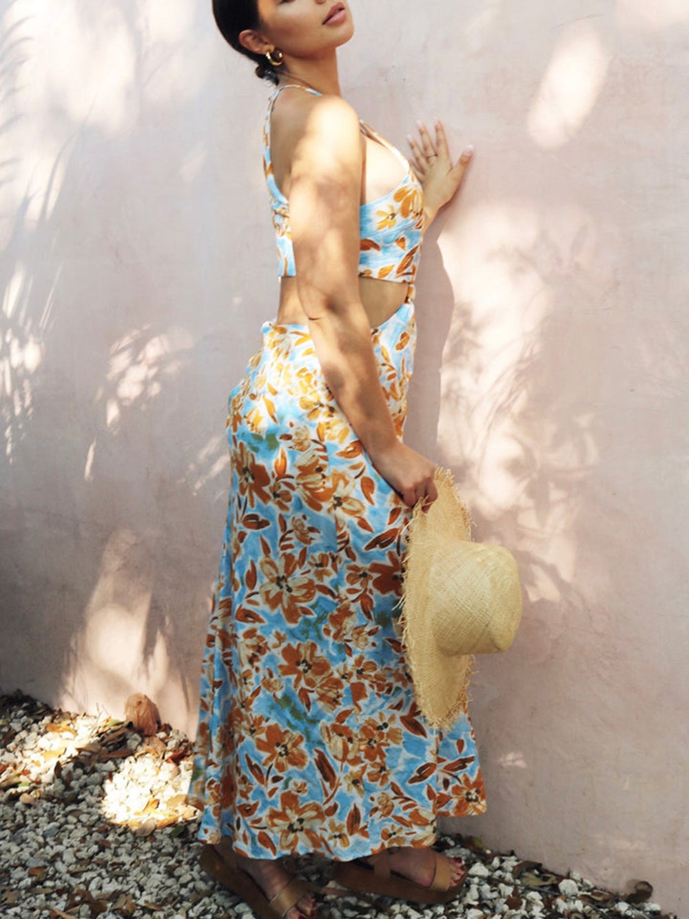 Knotted Cut Out Midi Dress in Baby Blue and Orange Floral-CALLISTARI