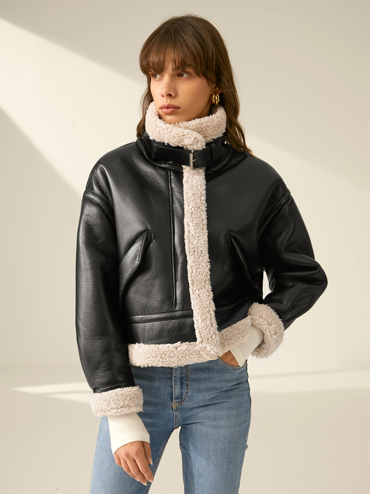 Sherpa Lined Shearling Leather Flight Jacket-CALLISTARI