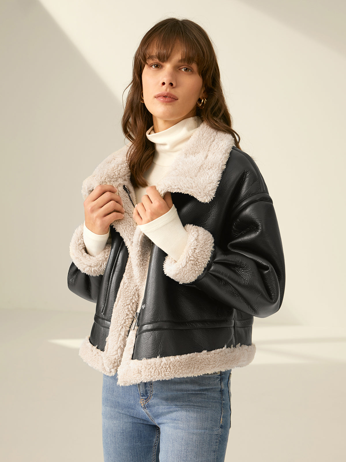 Sherpa Lined Shearling Leather Flight Jacket-CALLISTARI