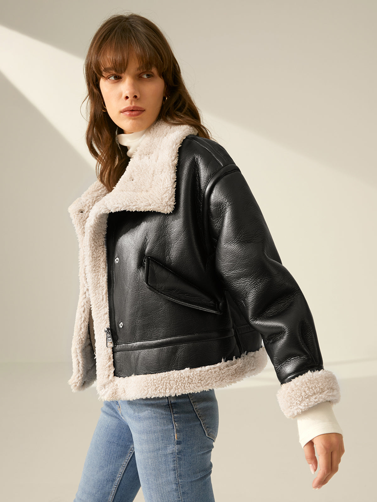 Sherpa Lined Shearling Leather Flight Jacket-CALLISTARI