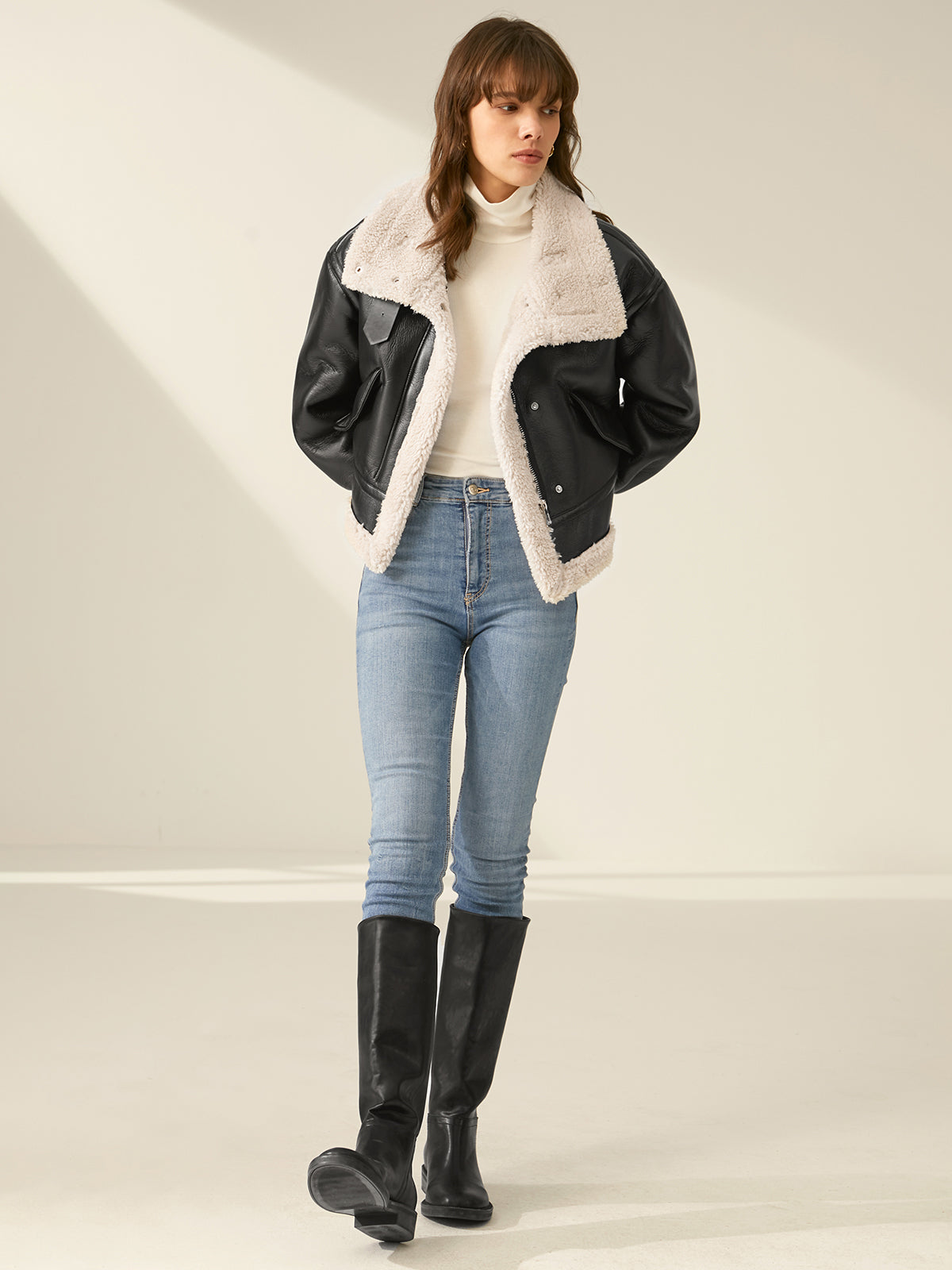 Sherpa Lined Shearling Leather Flight Jacket-CALLISTARI