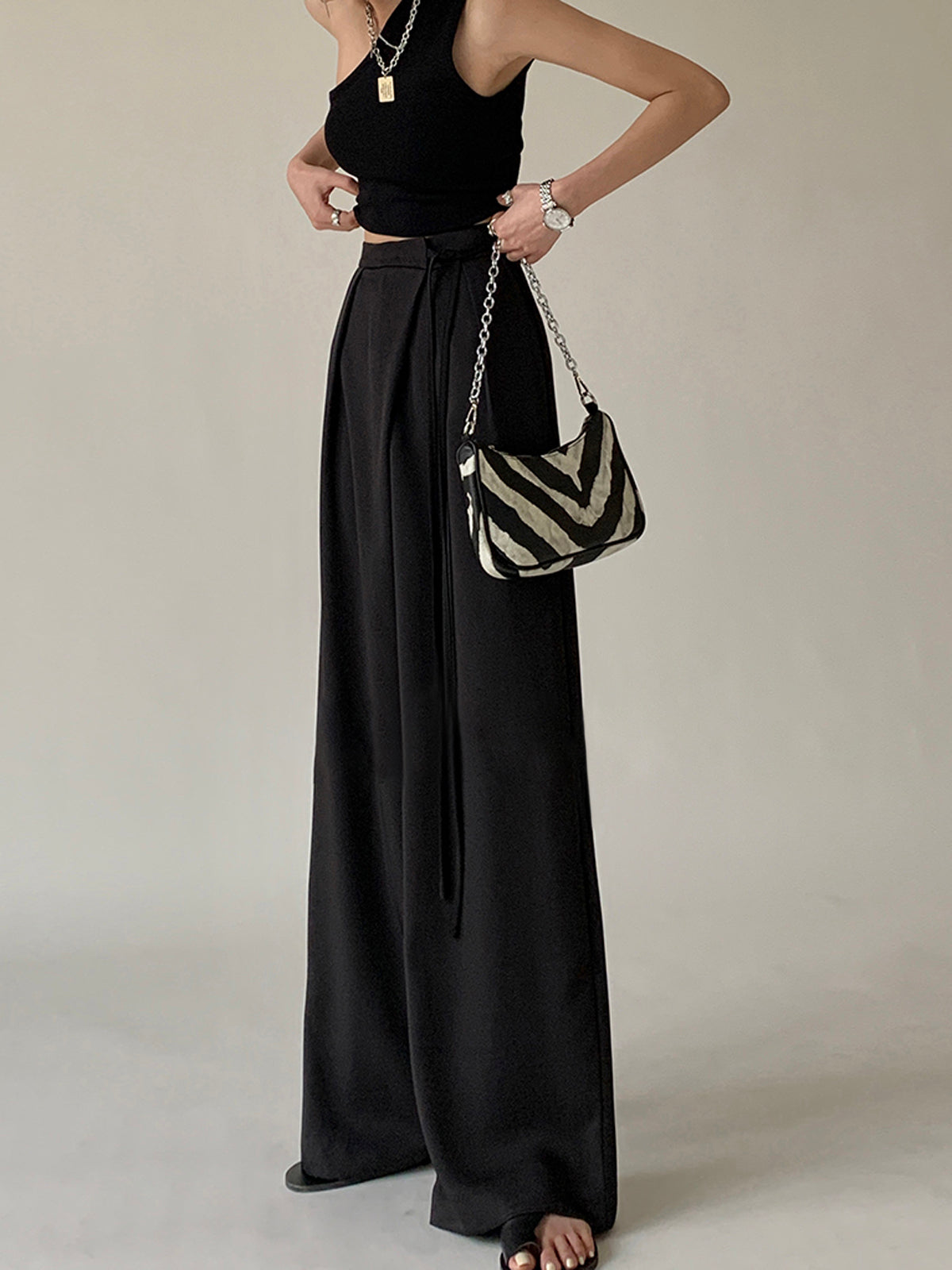 Tie Waist Flowy Wide Leg Dress Pants-Mesadic