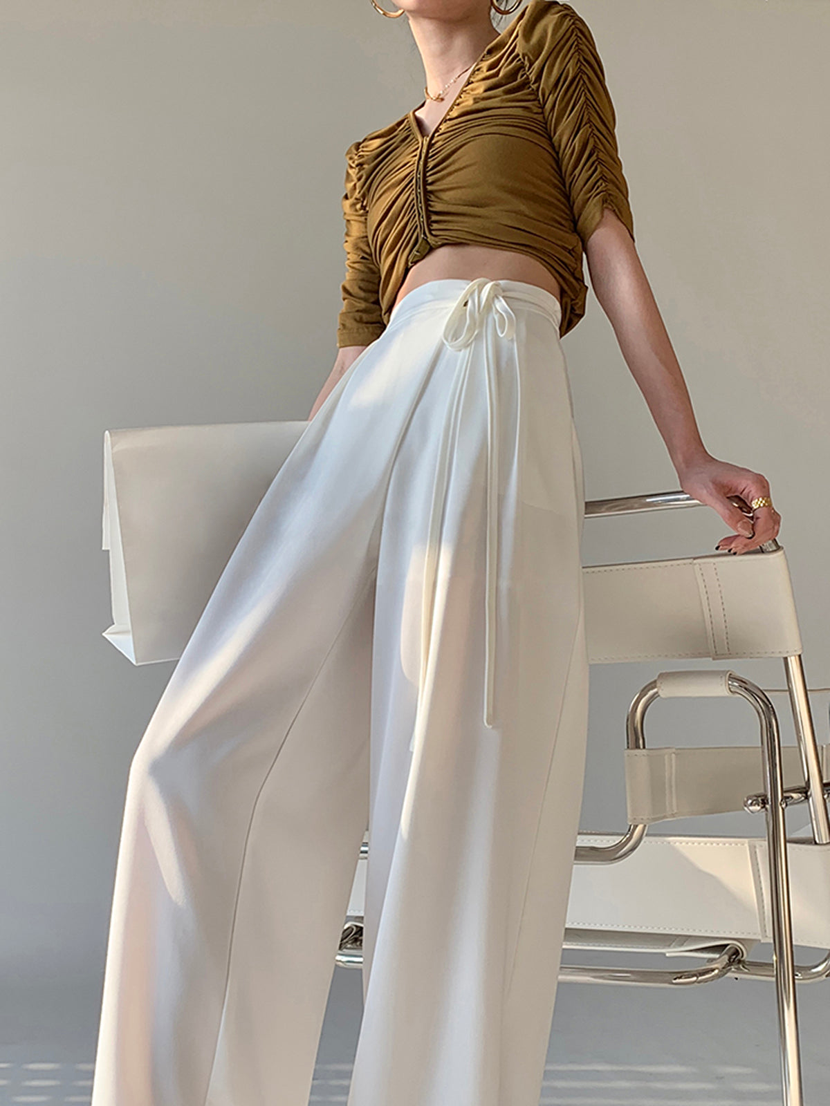 Tie Waist Flowy Wide Leg Dress Pants-Mesadic