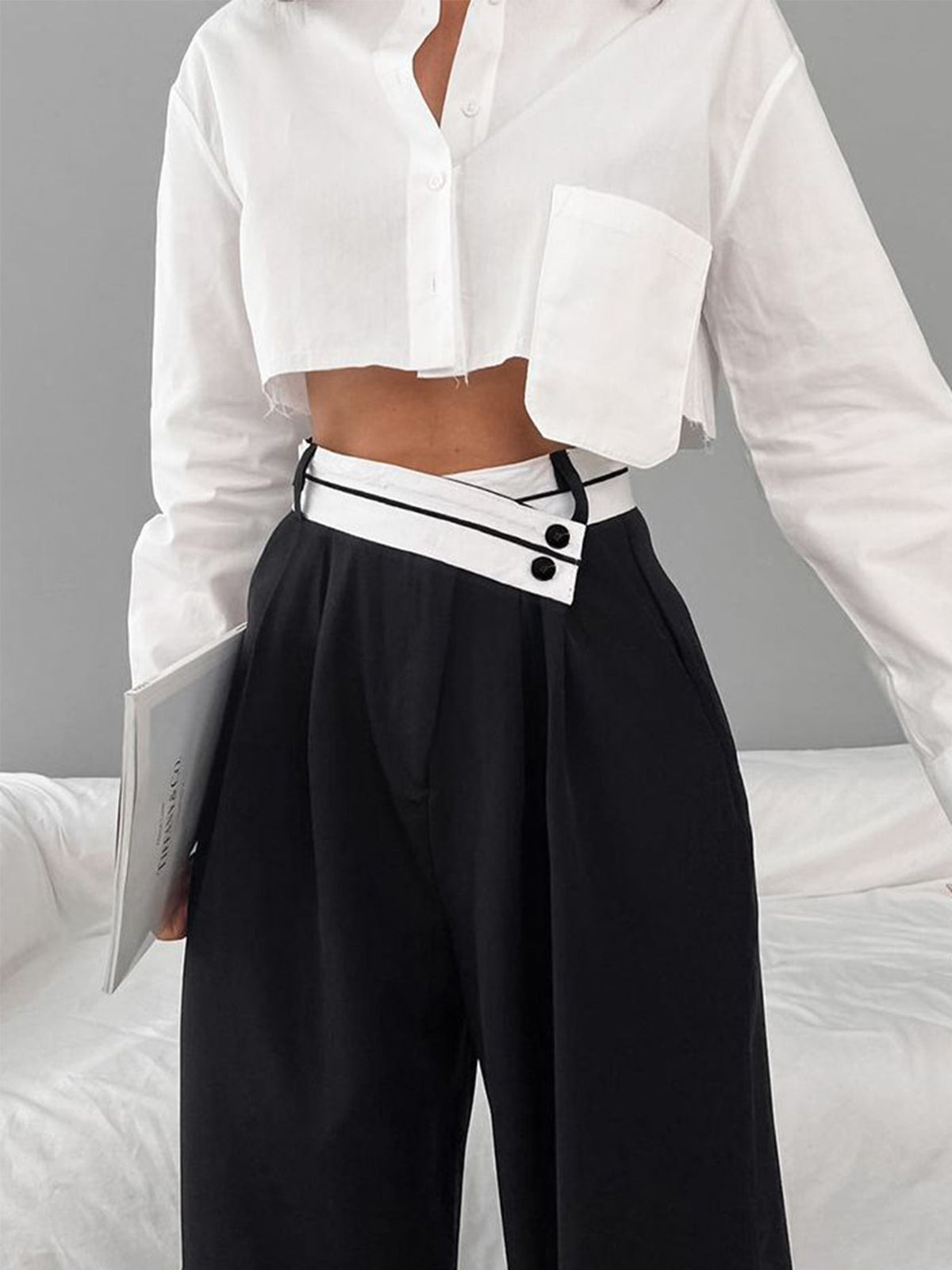 Asymmetrical Contrast Waistband Wide Leg Dress Pants-CALLISTARI