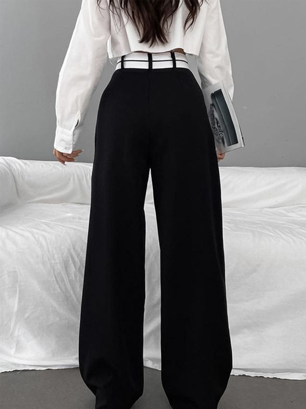 Asymmetrical Contrast Waistband Wide Leg Dress Pants-CALLISTARI