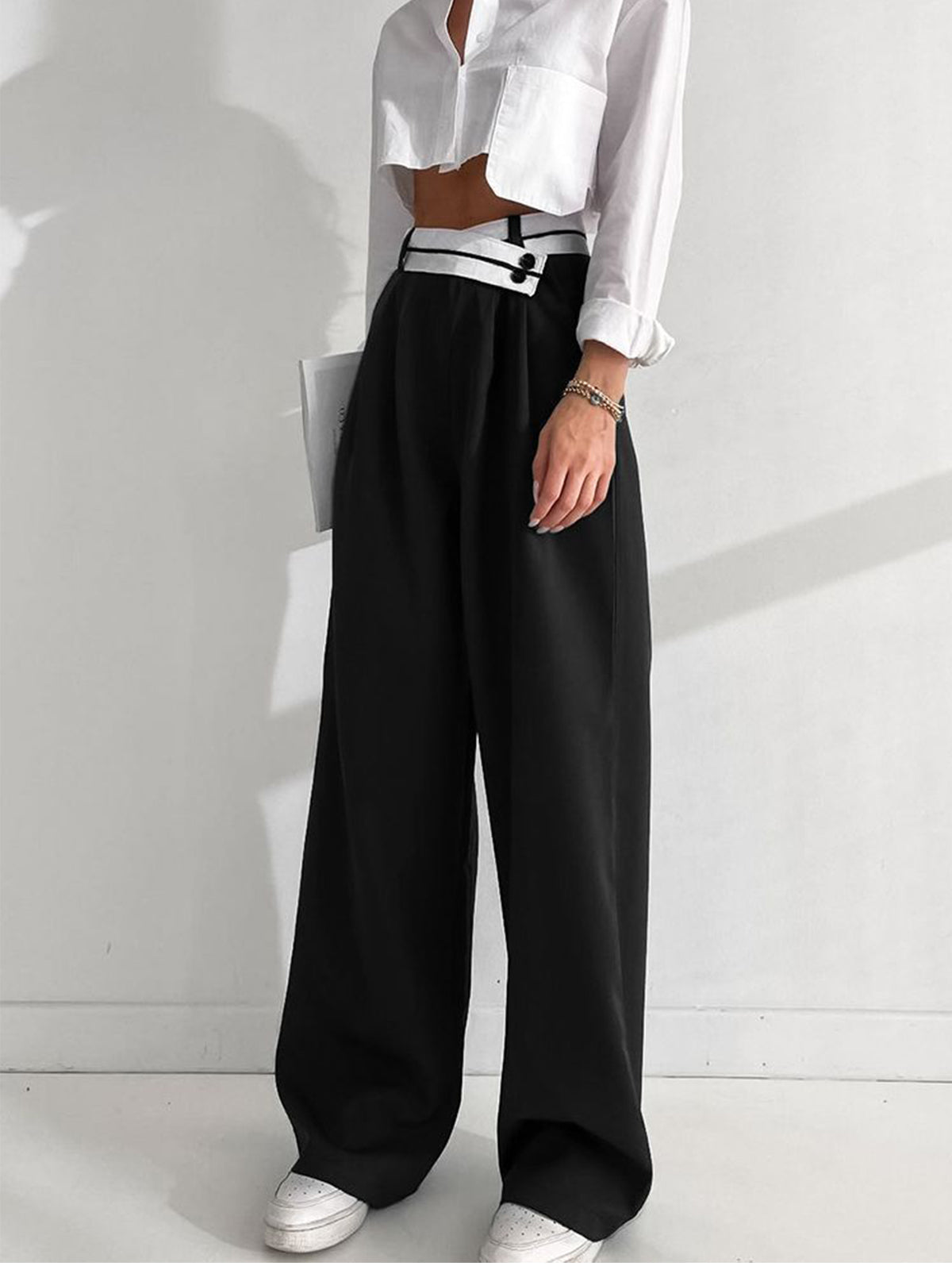 Asymmetrical Contrast Waistband Wide Leg Dress Pants-CALLISTARI