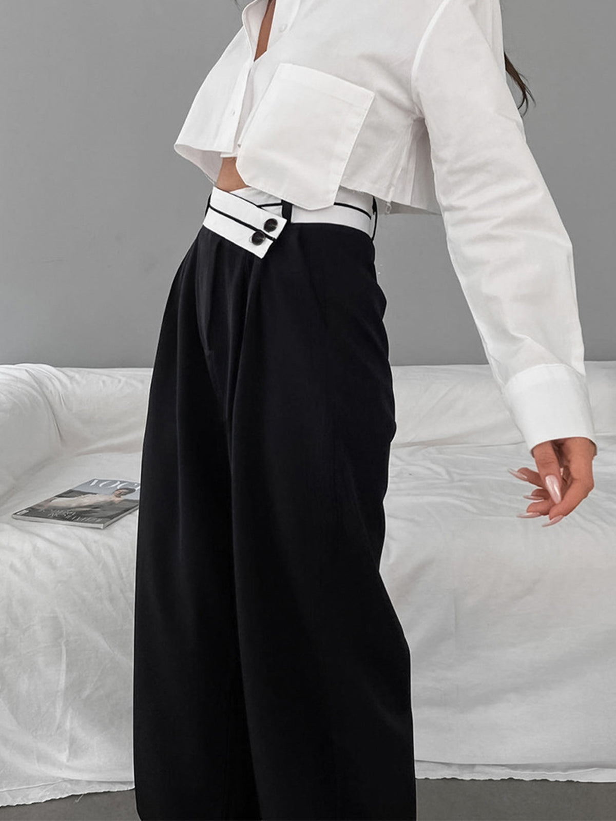 Asymmetrical Contrast Waistband Wide Leg Dress Pants-CALLISTARI