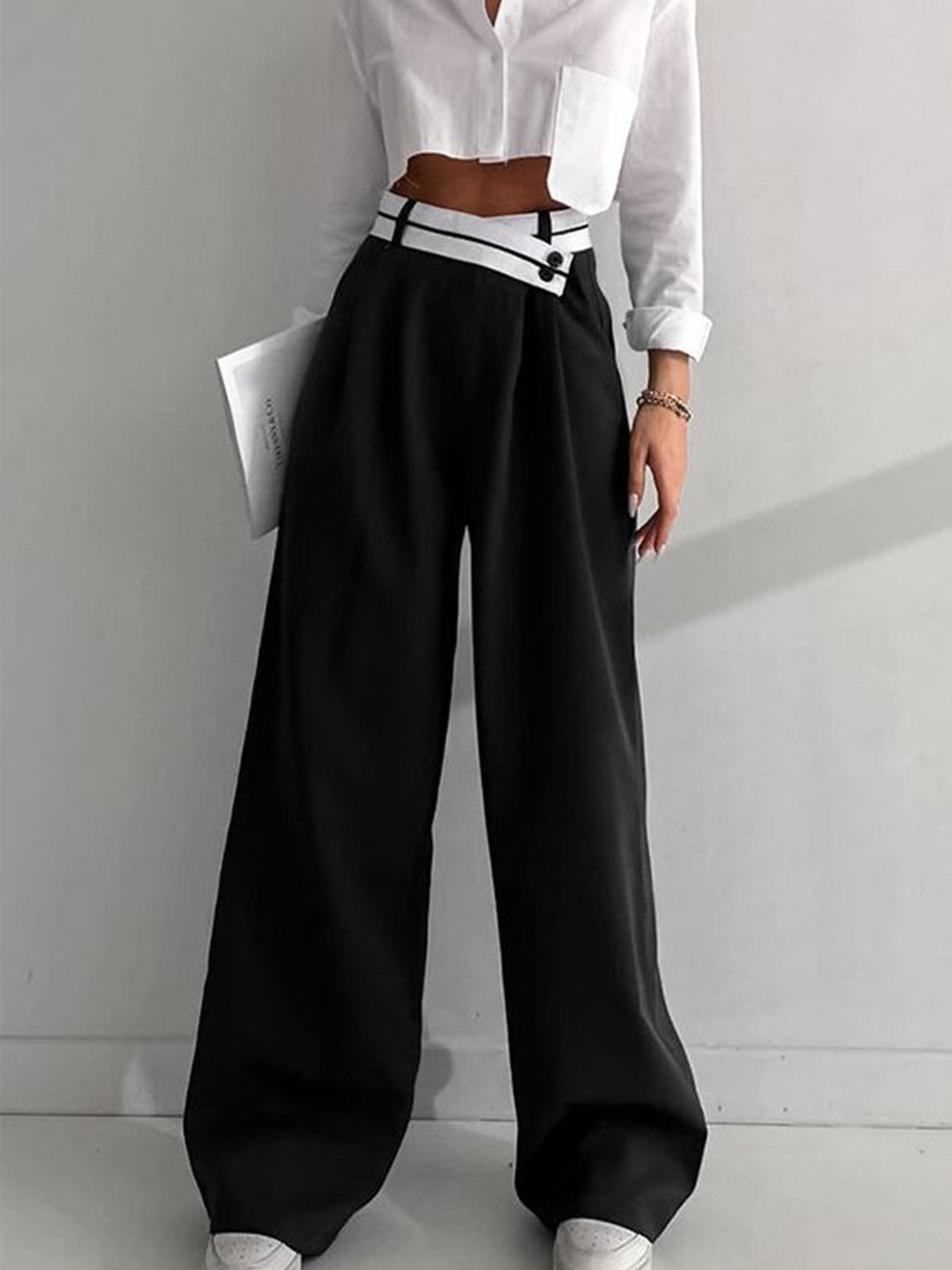 Asymmetrical Contrast Waistband Wide Leg Dress Pants-CALLISTARI