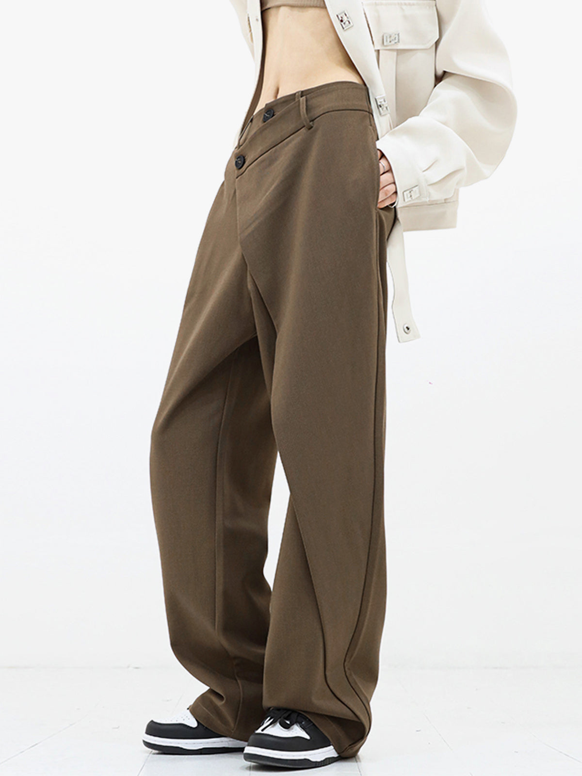 Asymmetrical Layer Button Wide Leg Dress Pants-CALLISTARI