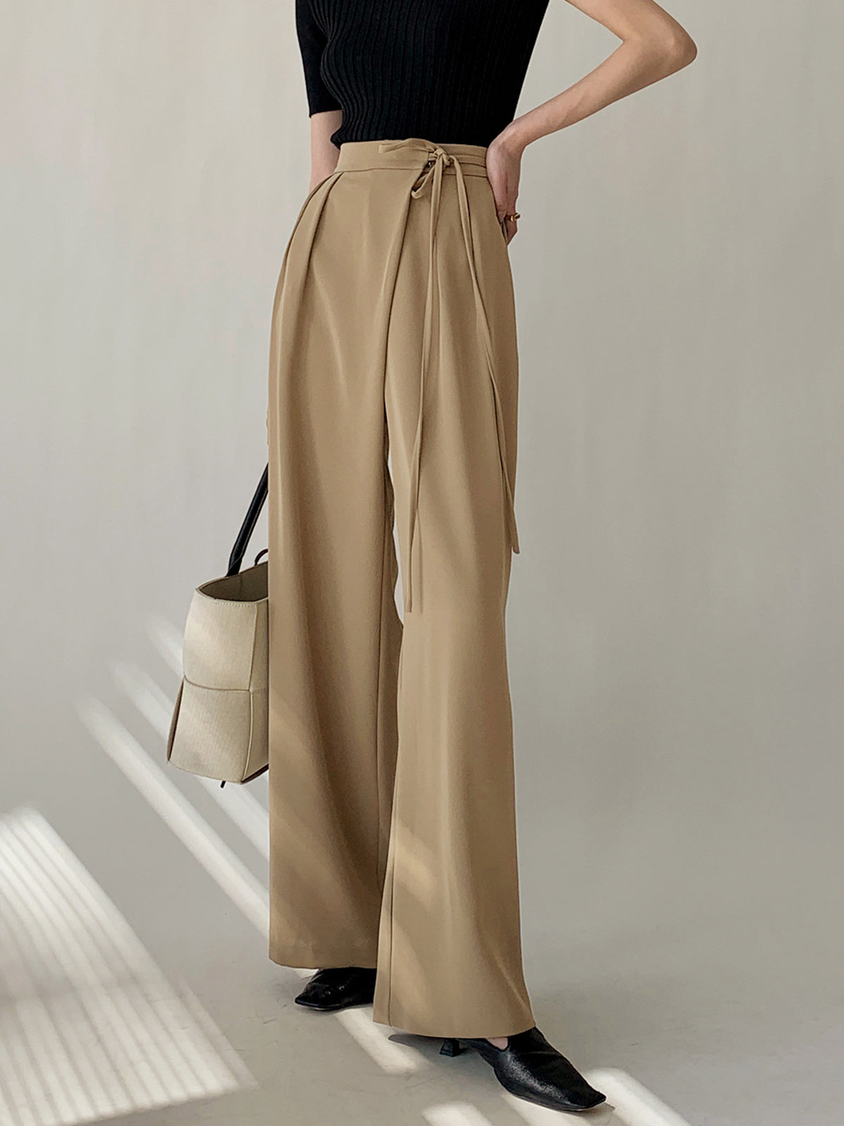 Tie Waist Flowy Wide Leg Dress Pants-Mesadic