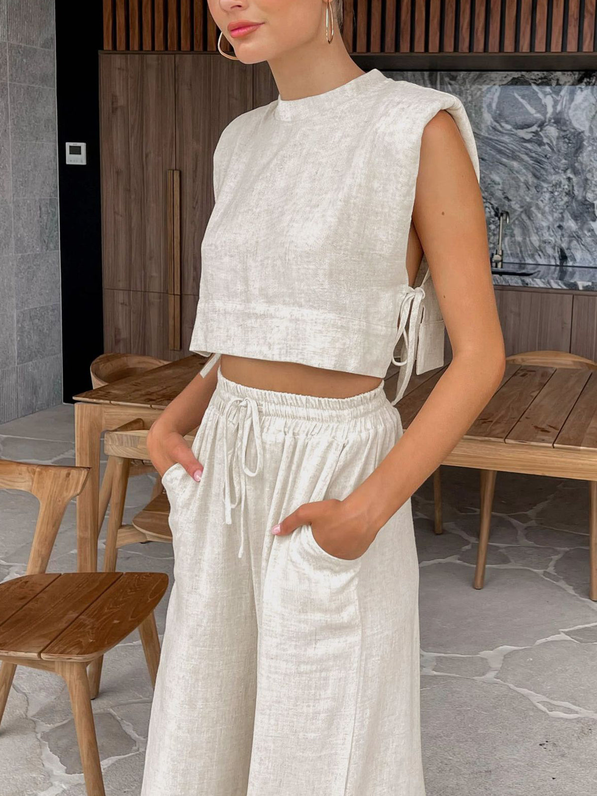 Utility Linen Two Piece Wide Leg Pants Set-Mesadic