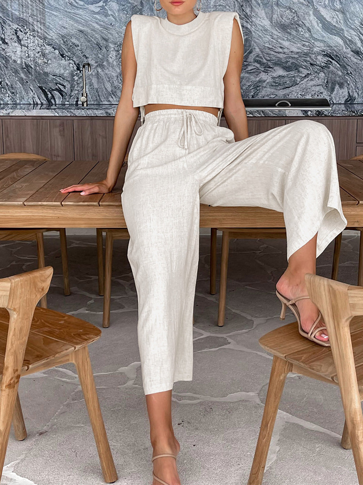 Utility Linen Two Piece Wide Leg Pants Set-Mesadic