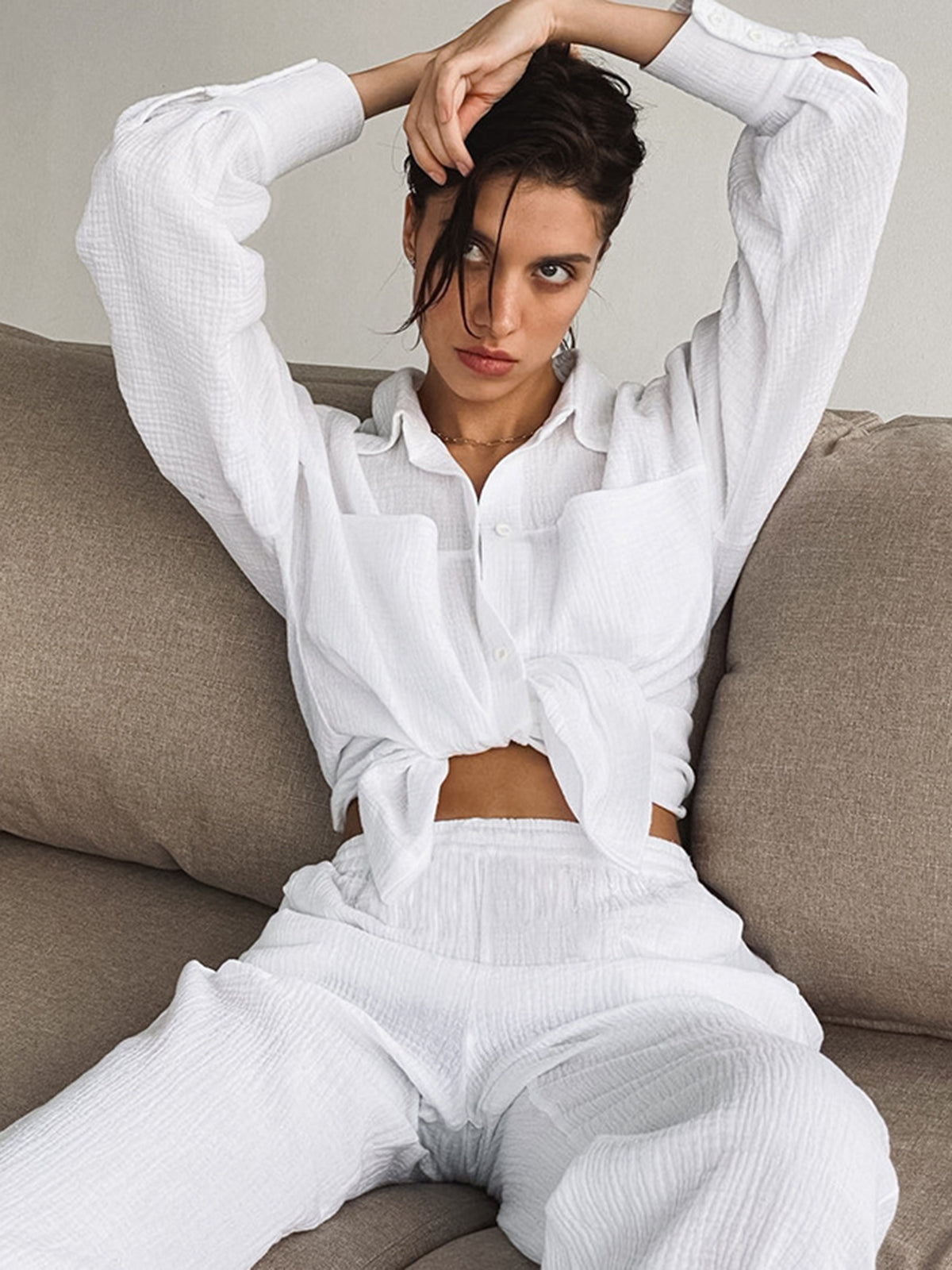 Minimalist Cotton Two Piece Pants Set-Mesadic