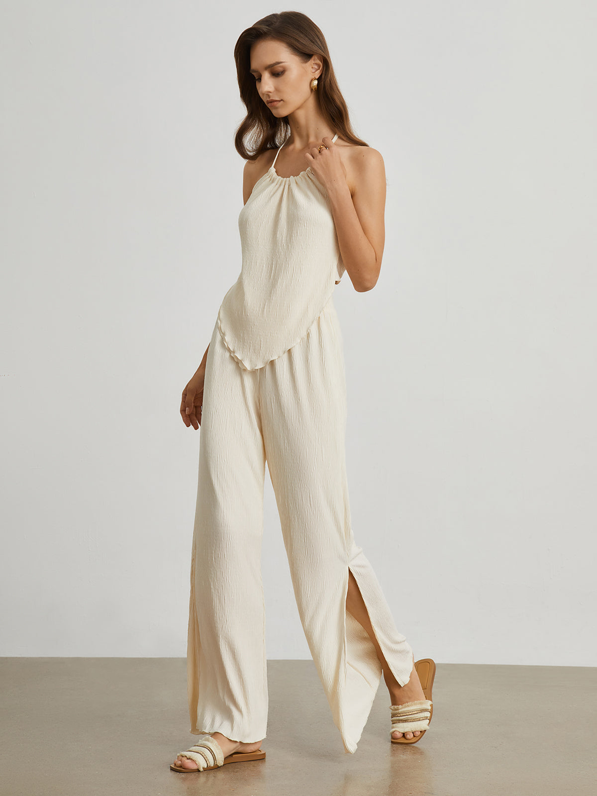 Textured Open Back Two Piece Pants Set-CALLISTARI