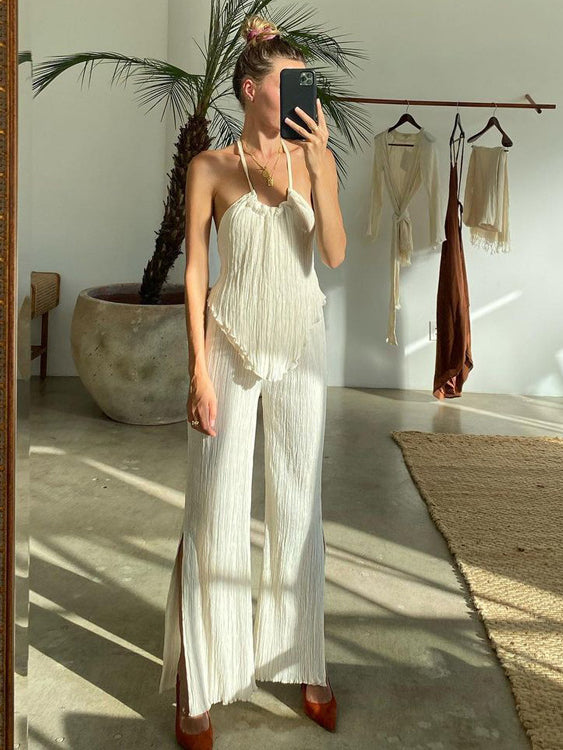 Textured Open Back Two Piece Pants Set-CALLISTARI