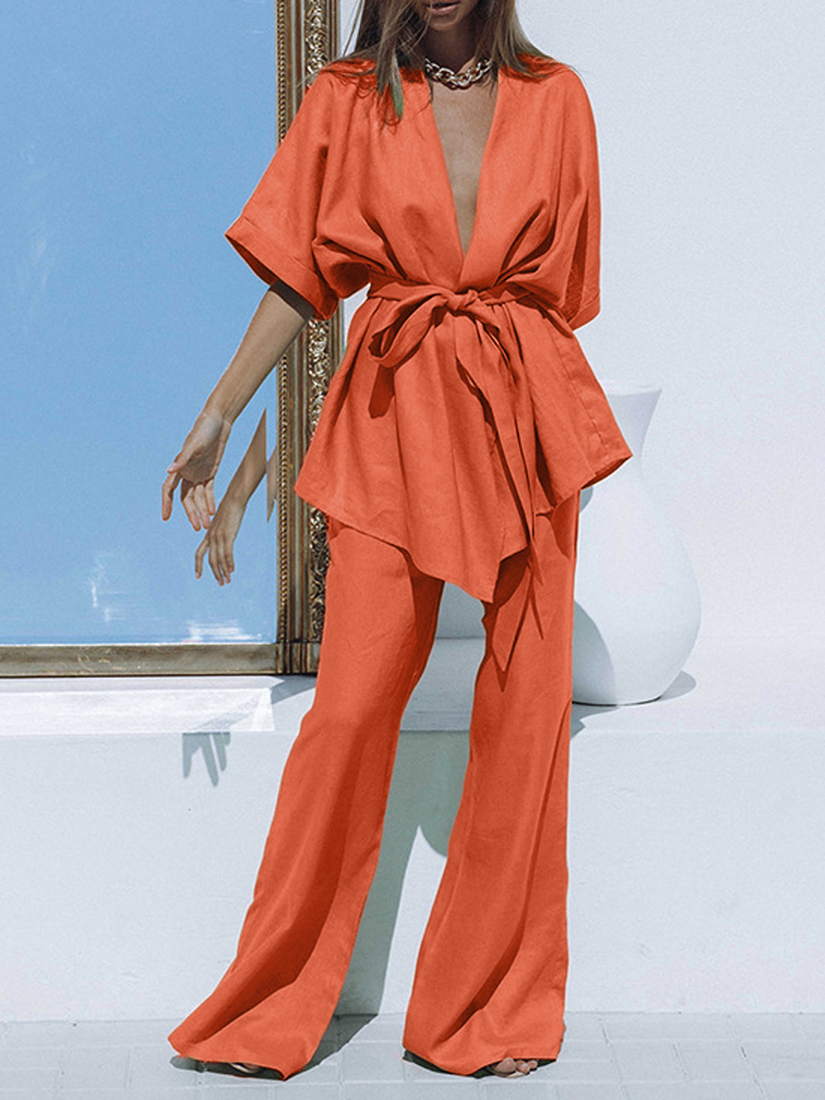 Oversized Linen Tied Two Piece Pants Set-Mesadic