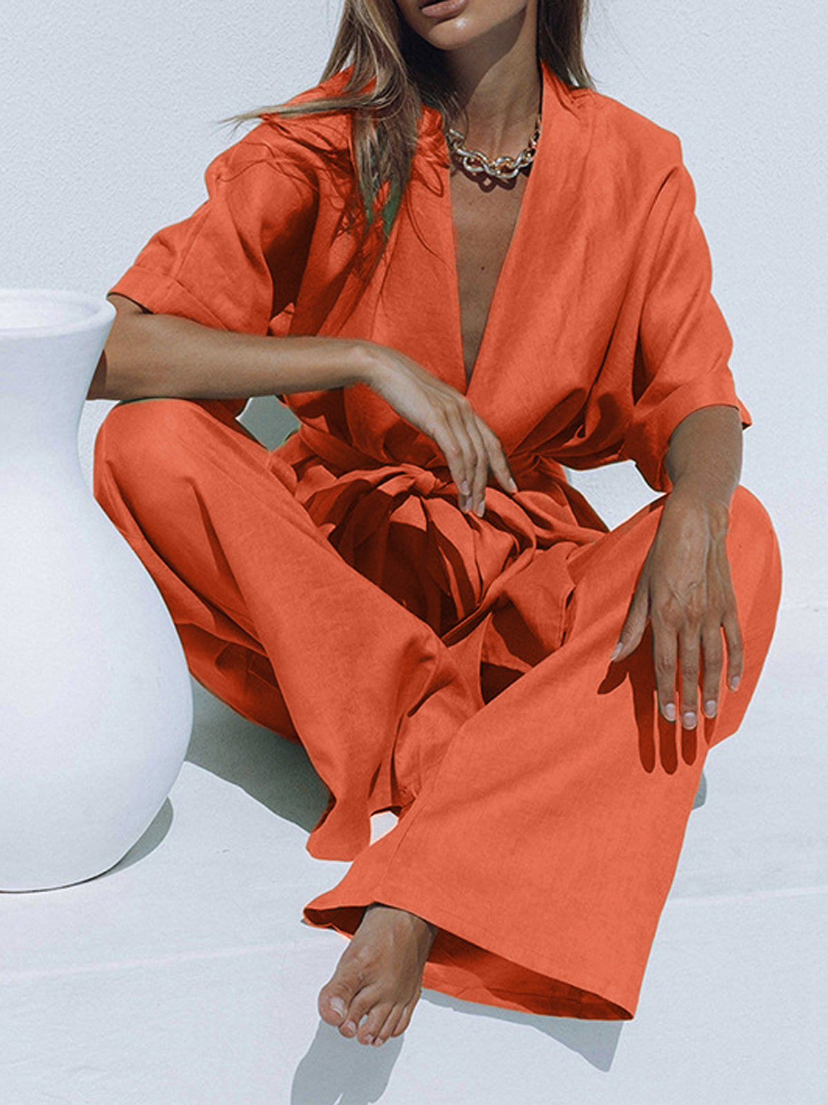 Oversized Linen Tied Two Piece Pants Set-Mesadic