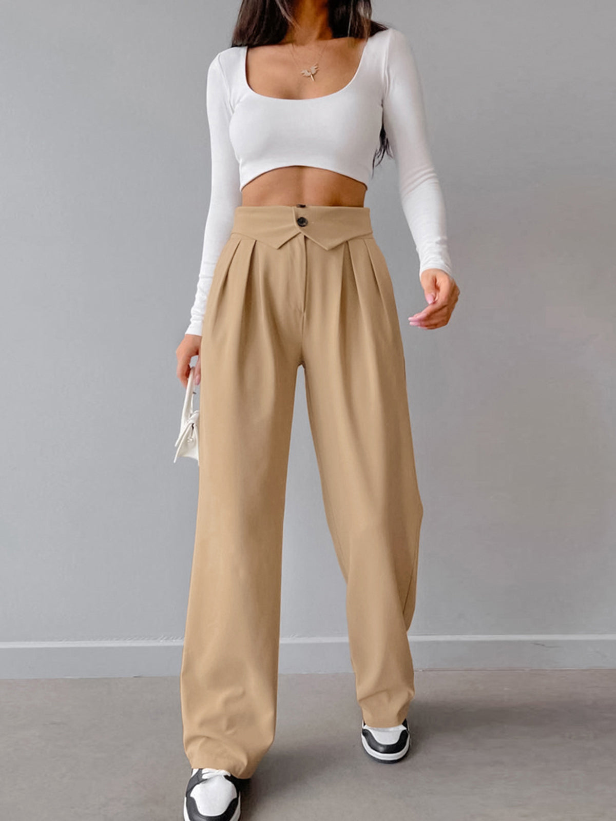 Street Fold Over Waistband Straight Leg Dress Pants-CALLISTARI
