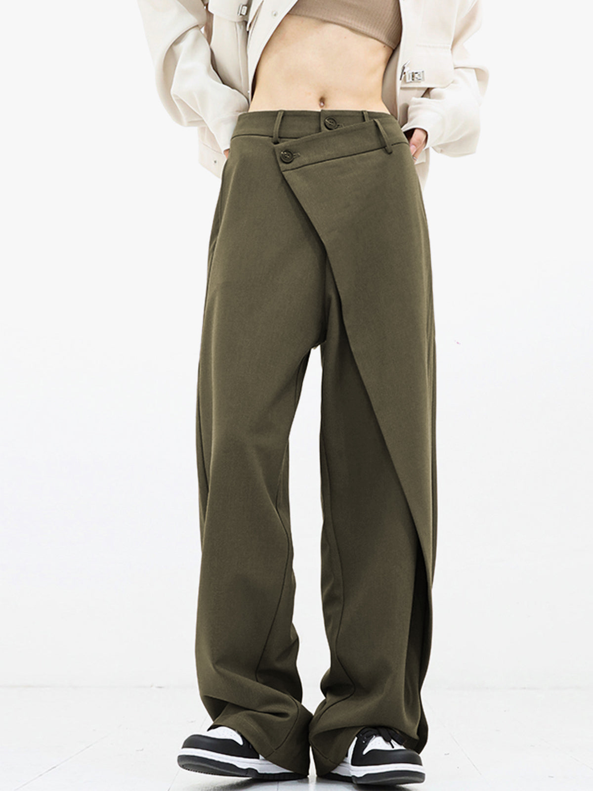 Asymmetrical Layer Button Wide Leg Dress Pants-CALLISTARI