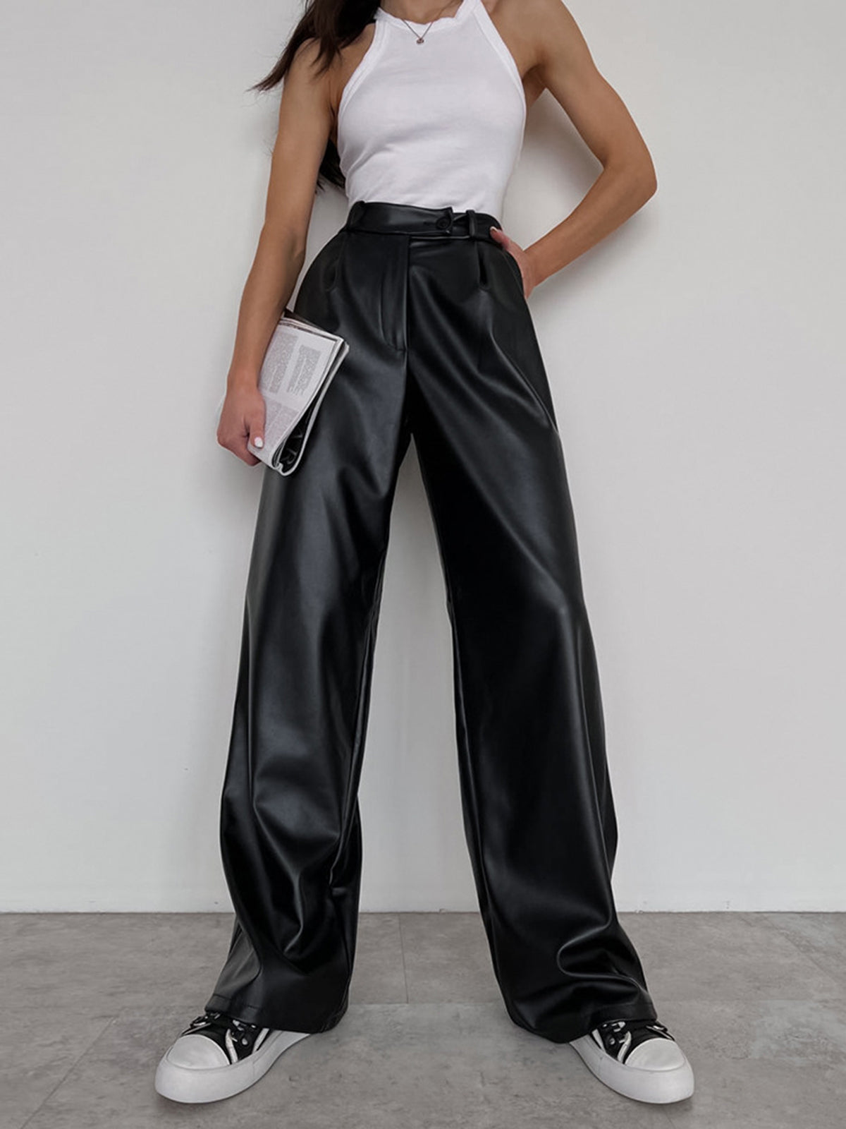 Faux Leather Wide Leg Pants-CALLISTARI